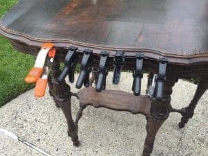 parlor table, vintage, antique, repair table top, wood clamps