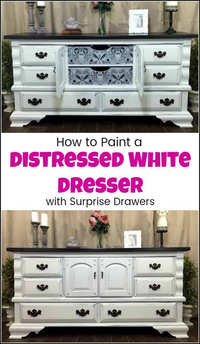 Vintage painted dresser with surprise decoupaged drawers. Distressed white dresser makeover in a shabby chic finish with dark brown top. #paintedfurniture #distressedwhitedresser #painteddresser #furnituremakeover #paintedfurnitureideas #paintedfurniturebeforeandafter #furniturepainting #decoupagefurniture #whitedistresseddresser #shabbychicdresser 