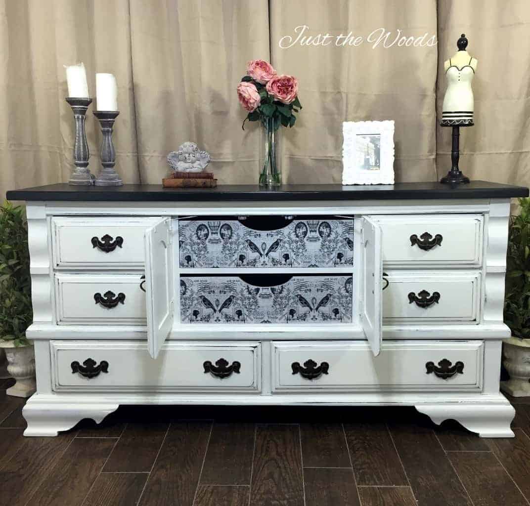 Hand Painted Dresser, Decoupaged Drawers, vintage dresser, painted furniture, white distressed dresser, decoupage, shabby chic