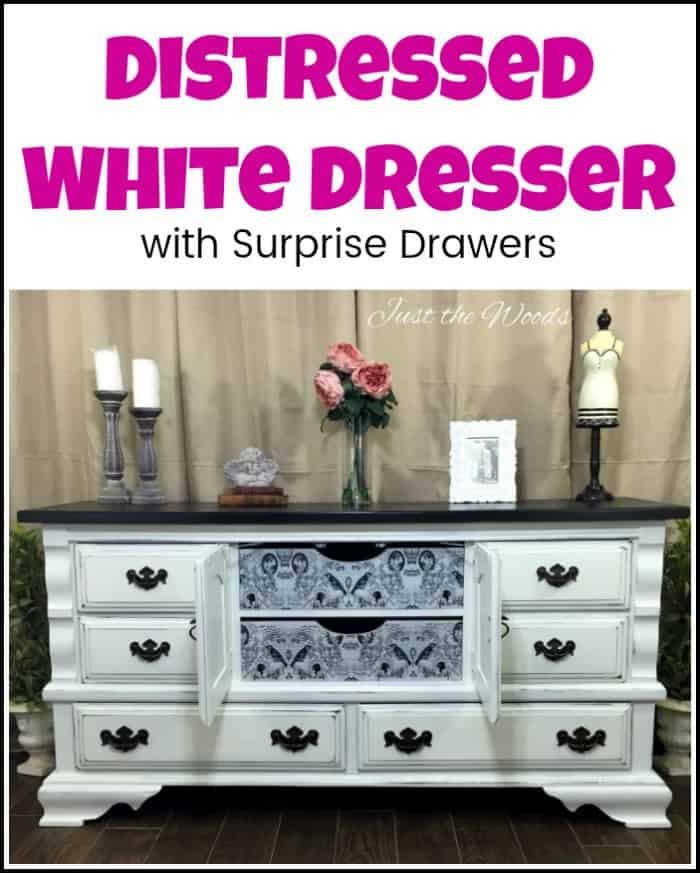 Vintage painted dresser with surprise decoupaged drawers. Distressed white dresser makeover in a shabby chic finish with dark brown top. #paintedfurniture #distressedwhitedresser #painteddresser #furnituremakeover #paintedfurnitureideas #paintedfurniturebeforeandafter #furniturepainting #decoupagefurniture #whitedistresseddresser #shabbychicdresser 