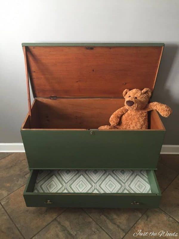 Antique Storage Chest turned Into a Toy Box with Decoupaged Drawer