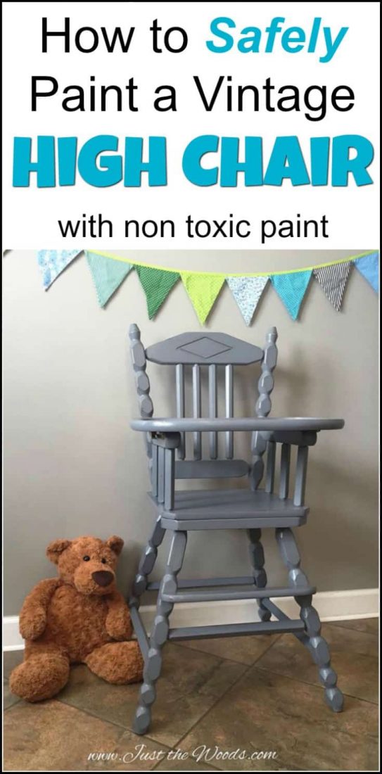 Vintage high chair makeover. painted high chair in non-toxic chalk type paint, no VOC - baby safe! How to safely paint an old wooden high chair using non-toxic, VOC free paint products. Hand Painted high chairs are a great family heirloom. | high chair painted | painted high chair | painted high chair ideas | painting a high chair | how to safely paint a high chair |