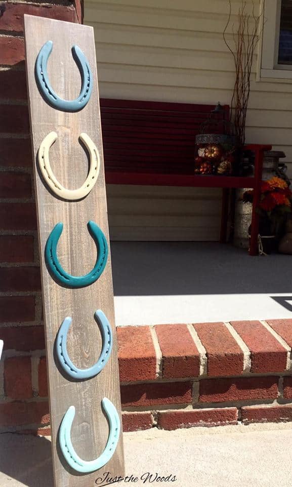 Painted Horseshoes on weathered wood display