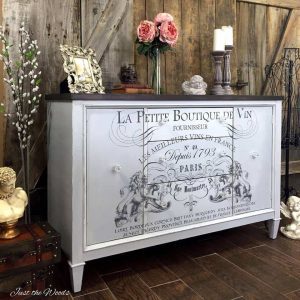 French Image Transfer on Vintage Buffet, gray buffet, image transfer, cloudy gray paint, chalk paint