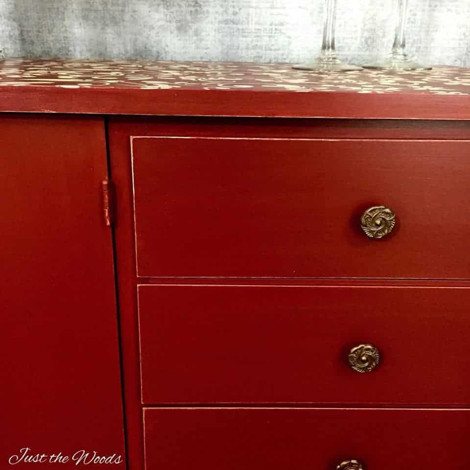 Painted Cranberry Credenza with Floral Stencil Top