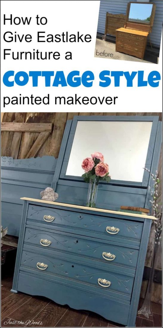 Cottage Style Painted Dresser Set Makeover of Antique Eastlake Furniture for your cottage style decorating | cottage style home | cottage design ideas | cottage design | cottage style dresser | painted dresser | blue painted dresser | cottage style furniture