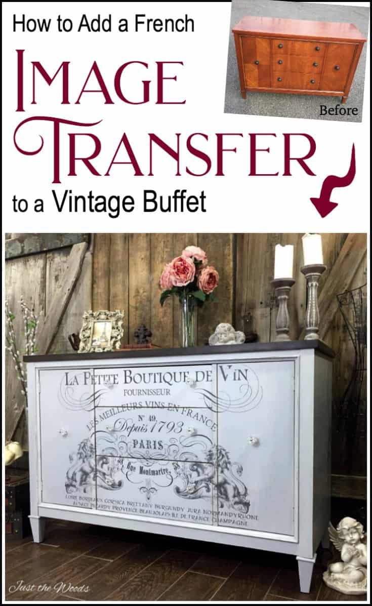 Add a French Image transfer to a vintage buffet. Painted furniture with a stain top and cloudy finish. IOD image transfer brings added character to the makeover #imagetransfers #howtoapplyimagestowood #furnituretransfers #IODtransfers #imagestowood #paintedfurnituretechniques