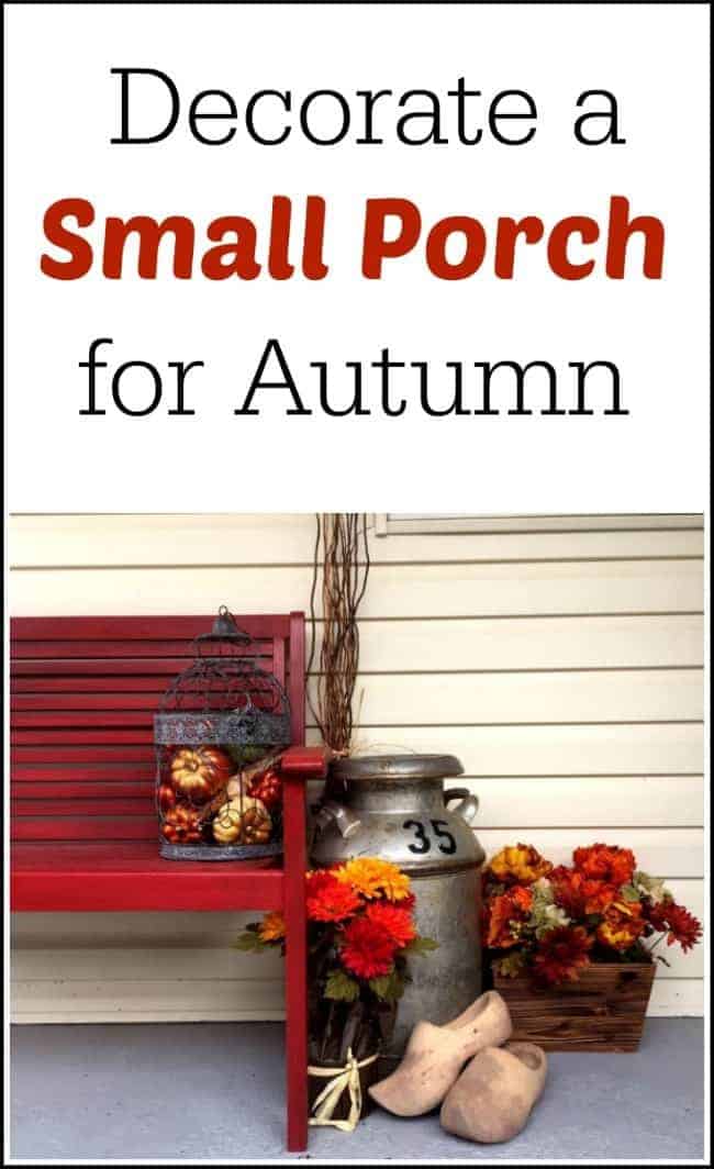 Don't let a small porch get you down. See how to decorate a small porch for fall with an old milk can, wooden shoes, faux flowers and a wire bird cage.