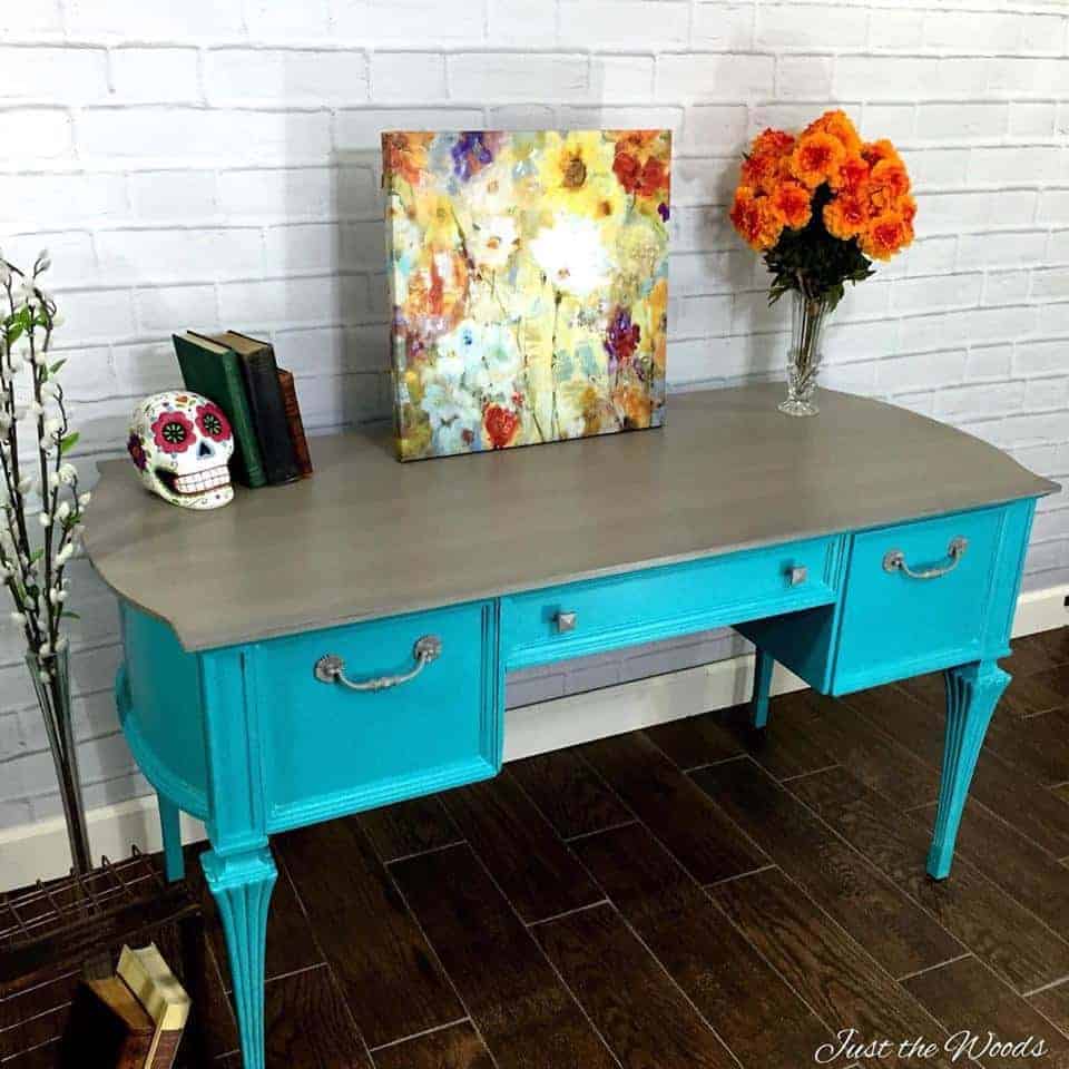 Painted Turquoise Desk with Gray Washed Top by Just the Woods