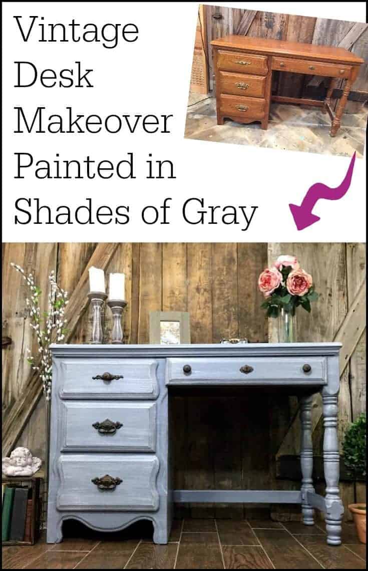 A vintage painted gray desk makeover in shades of gray. Layers upon layers, distressed and sealed for a weathered gray finish. | how to paint furniture | painted desk ideas | how to dry brush | layered painting technique | gray painted desk | gray painted furniture | vintage desk |