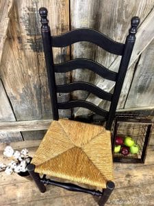 distressed ladder back chair, vintage chair, ladder back, rush seat, distressed black chair, painted ladderback chair