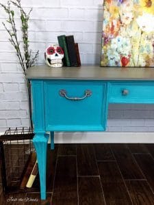 painted hardware, silver painted hardware, turquoise painted desk, just the woods