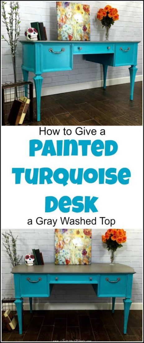 A vintage painted turquoise desk with gray washed top revealing patterned wood grain underneath and silver gray hardware to match. #turquoisedesk #bluedesk #tealdesk #painteddesk #turquoisepaintedfurniture #turquoisechalkpaint #turquoisefurniture 