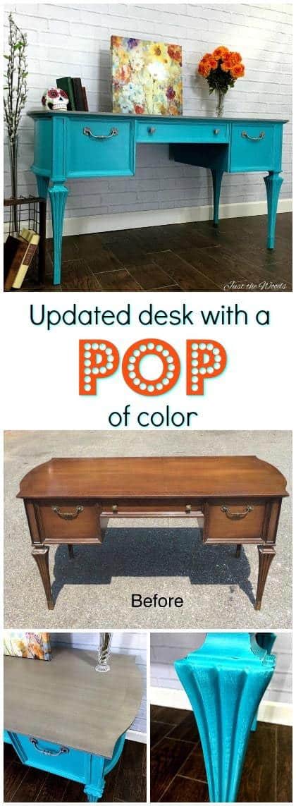 A vintage painted turquoise desk with gray washed top revealing patterned wood grain underneath and silver gray hardware to match. #turquoisedesk #bluedesk #tealdesk #painteddesk #turquoisepaintedfurniture #turquoisechalkpaint #turquoisefurniture