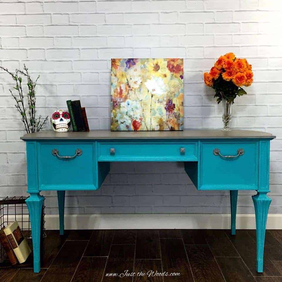 Painted Turquoise Desk with Gray Washed Top by Just the Woods