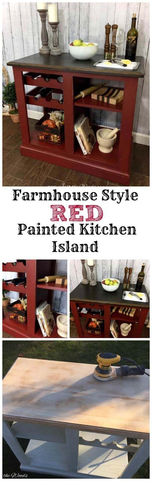 Farmhouse Style Red Painted Kitchen Island, red kitchen island, portable kitchen island