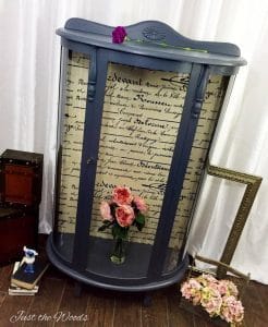 curio cabinet, french script fabric, decoupage fabric, nyc, manhattan