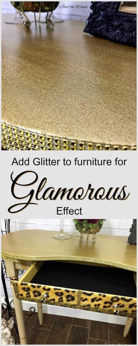 How to add glitter to painted furniture. A vintage desk makeover is given a glam makeover with glitter, crystals, and a swanky leopard print decoupage. Create Bling Furniture with Glitter and Paint | bling furniture | glitter paint | glam furniture | gold furniture | leopard decoupage | how to glam furniture | how to bling furniture