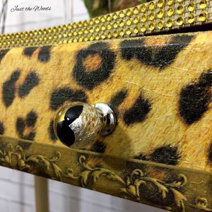 leopard print, decoupage, glitter desk, gold vanity, gold furniture, glam furniture bling