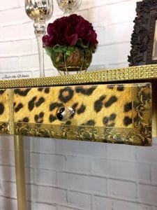 leopard print, decoupage, rhinestones on furniture, leopard decoupage, bling furniture