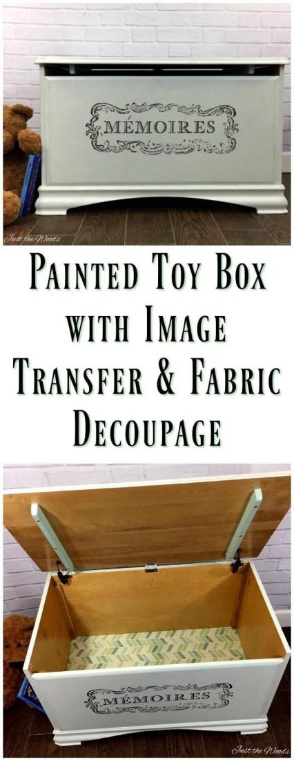 painted toy box with image transfer and fabric decoupage. Update a modern toy box into a unique place for toy storage. Add an image transfer to your painted furniture project for a one of a kind result. Store toys in way that looks appealing. #toybox #DIYtoybox #toystorage #imagetransfer #paintedfurniture