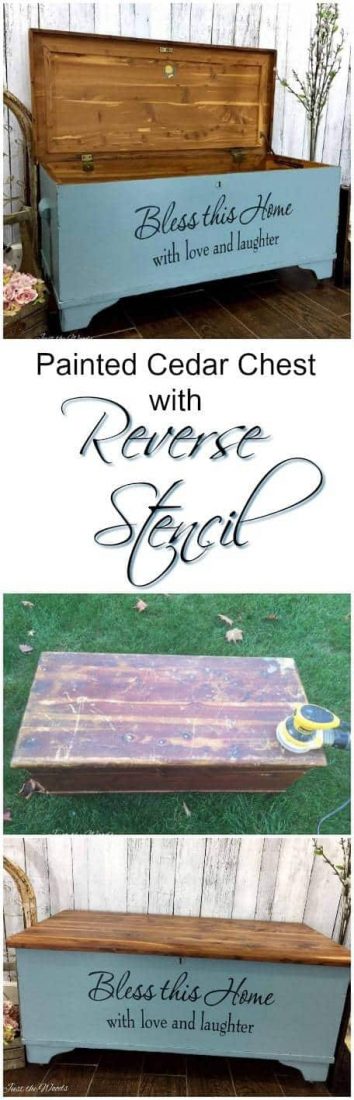 Painted Cedar Chest with Reverse Stencil by Just the Woods