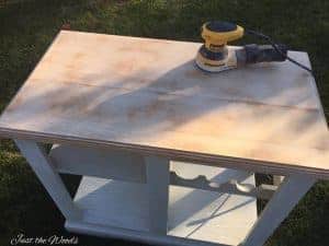 Sand to Bare Wood, kitchen island makeover, red kitchen island, cheap kitchen island