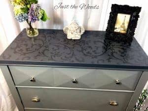 tone-on-tone-stenciled-dresser, gray dressers, stenciled furniture, painted dressers, tone on tone