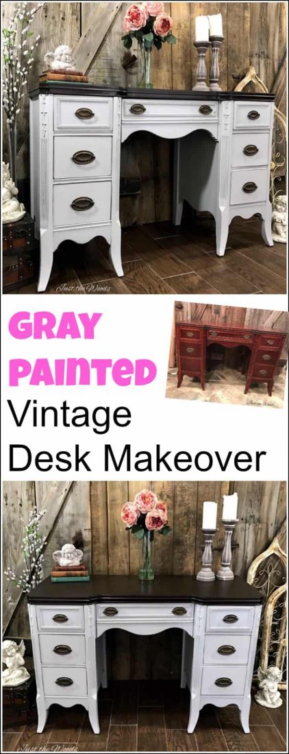 Vintage gray painted desk with an espresso stain top. painted furniture, painted desk, furniture painting, painted furniture makeover, chalk painted furniture, furniture painting techniques, chalk paint with stain, gray painted furniture, painted furniture before and after, painted desk ideas, how to paint a desk, painting a desk, chalk paint desk, chalk paint desk