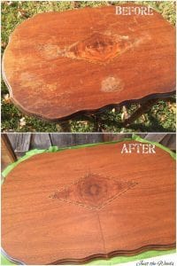 before and after, damaged wood table, repair wood