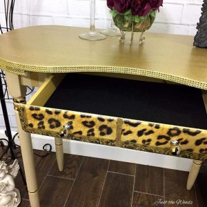 add-glitter-and-bling-to-furniture, vintage desk, glitter desk, kidney desk, 