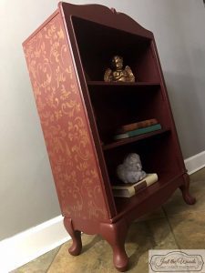 gold stencil, metallic gold paint, painted bookcase, just the woods