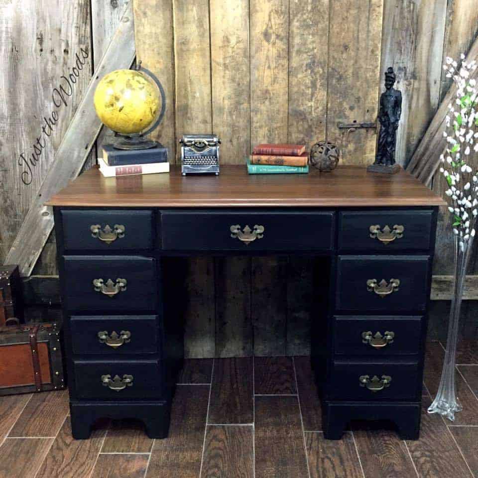 black-desk-with-stain-top, painted desk, vintage desk, black chalk paint, derby