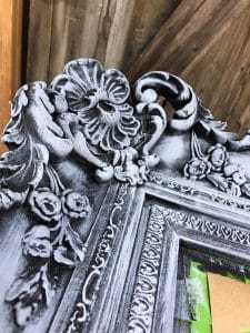 brushed-gray-details, dry brush, chalk paint, gray paint, ornate details, gray ornate mirror