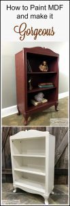 Cranberry Painted Bookcase with Added Gold Stencil how to paint mdf, paint presswood, chalk paint