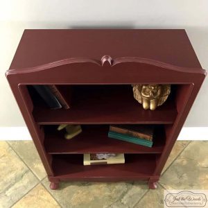 distressed, painted bookcase, bookcase, chalk paint, pure home paint, cranberry bliss, just the woods