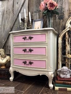 painted-chest-of-drawers, french provincial, vintage furniture, chalk paint, pink and cream, painted chest, just the woods, staten island, njc