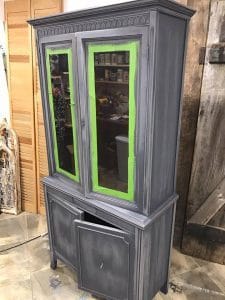 Vintage China Cabinet Painted Custom Charcoal with Original Interior