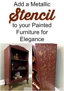 add stencil to furniture, painted furniture, metallic paint, cranberry painted bookcase, just the woods