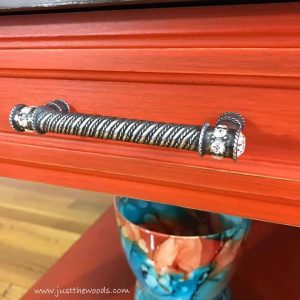 cartier-crystal-hardware-pulls, orange painted tables, ornate hardware, crystals on hardware, new york, the knob company, painted furniture