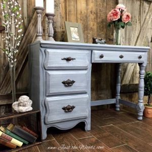 desk-painted-layered-gray-main, gray painted furniture, painted desk, vintage desk, just the woods, staten island, chalk paint,