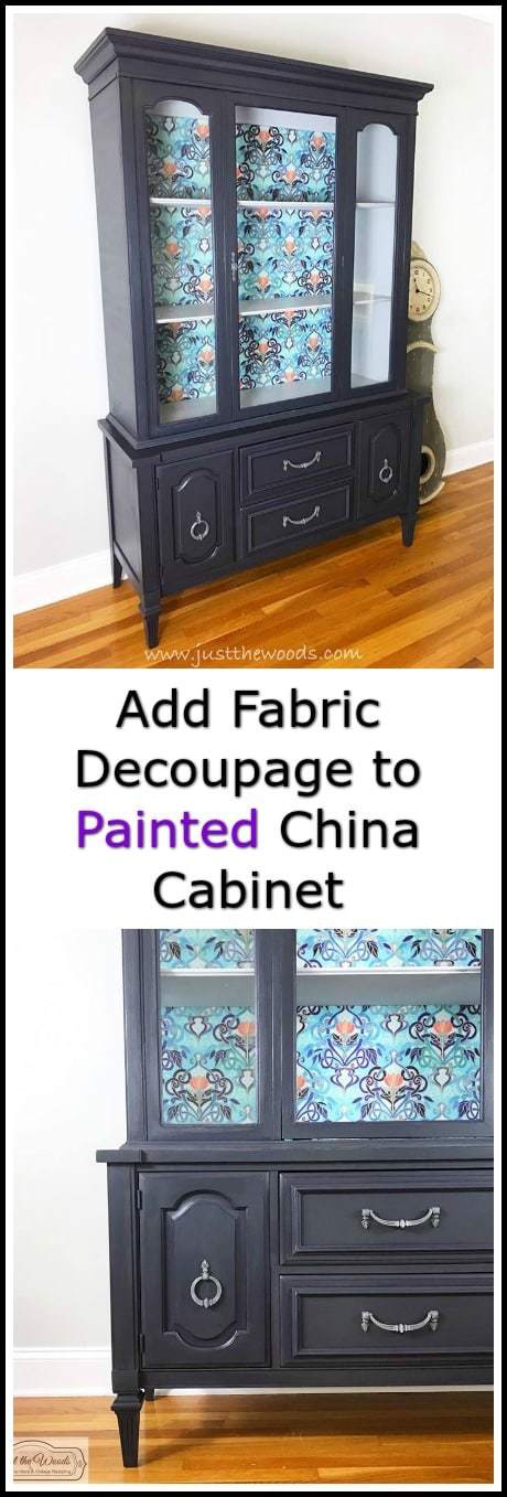 A painted china cabinet with gorgeous fabric decoupage. Deep gray with purple undertones make this painted china cabinet amazing. #paintedfurniture #paintedcabinet #furnituremakeover #paintedchinacabinet #furnituredecoupage #paintedfurnitureideas #fabricdecoupage via @justthewoods