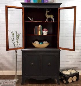 graphite-chalk-paint-china-cabinet, vintage-charcoal-painted-china-cabinet, gray painted furniture, nyc, staten island, china cabinet, chalk paint