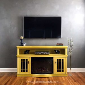 home-depot-electric-fireplace-painted-yellow, painted tv stand, painted media console, bright yellow, yellow and white painted furniture, chalk paint, pure home paint, saffron