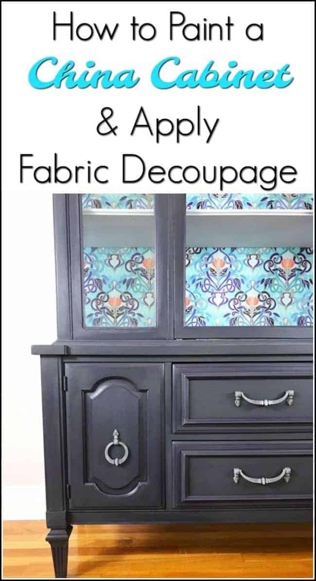 A painted china cabinet with gorgeous fabric decoupage. Deep gray with purple undertones make this painted china cabinet amazing. #paintedfurniture #paintedcabinet #furnituremakeover #paintedchinacabinet #furnituredecoupage #paintedfurnitureideas #fabricdecoupage via @justthewoods