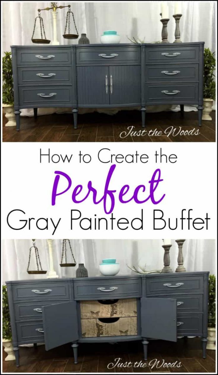 How to Create the Perfect Gray Painted Buffet with Tissue. Extra long Gray painted sideboard with surprise decoupage drawer fronts. Painted furniture. #paintedfurniture #graypaintedfurniture #paintedbuffet #graypaintedbuffet #graychalkpaintedfurniture #graypaintedfurnitureideas