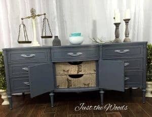 painted-buffet-with-decoupage, gray painted buffet, vintage furniture, gray chalk paint, nyc, staten island, decoupage