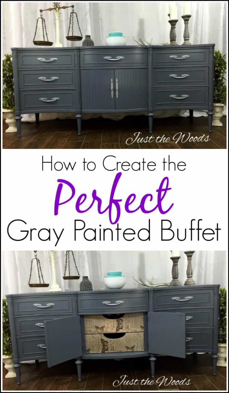 How to Create the Perfect Gray Painted Buffet with Tissue. Extra long Gray painted sideboard with surprise decoupage drawer fronts. Painted furniture.