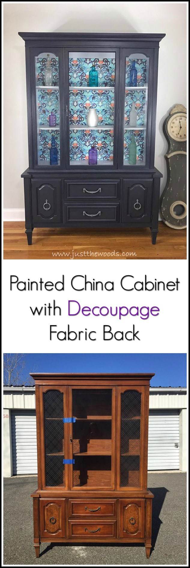 A painted china cabinet with gorgeous fabric decoupage. Deep gray with purple undertones make this painted china cabinet amazing. #paintedfurniture #paintedcabinet #furnituremakeover #paintedchinacabinet #furnituredecoupage #paintedfurnitureideas #fabricdecoupage via @justthewoods