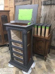 Custom muxed charcoal, gray chalk paint, graphite, painted gustavian finish, jewelry armoire, jewelry chest